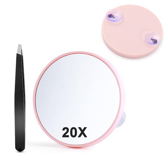 20X Magnifying Mirror with Tweezers and Suction Cup for Easy Mounting, Use for Makeup Mirror, Travel Stick on Shower Mirror for Plucking Eyebrows 3.5 Inch, Pink