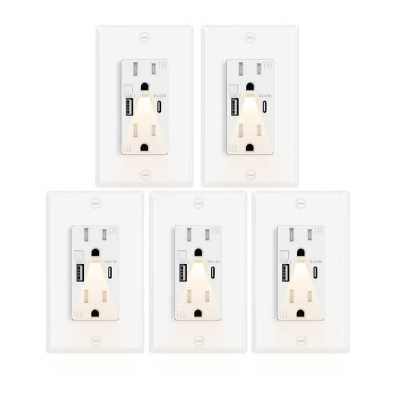 Greencycle Outlet With Built in Light And USB C,5PK 15Amp High Speed Night Light Outlet With USB,4.8A USB A/C Ports Electrical Outlet Tamper-Resistant,Wall Plate Included for Home,Office
