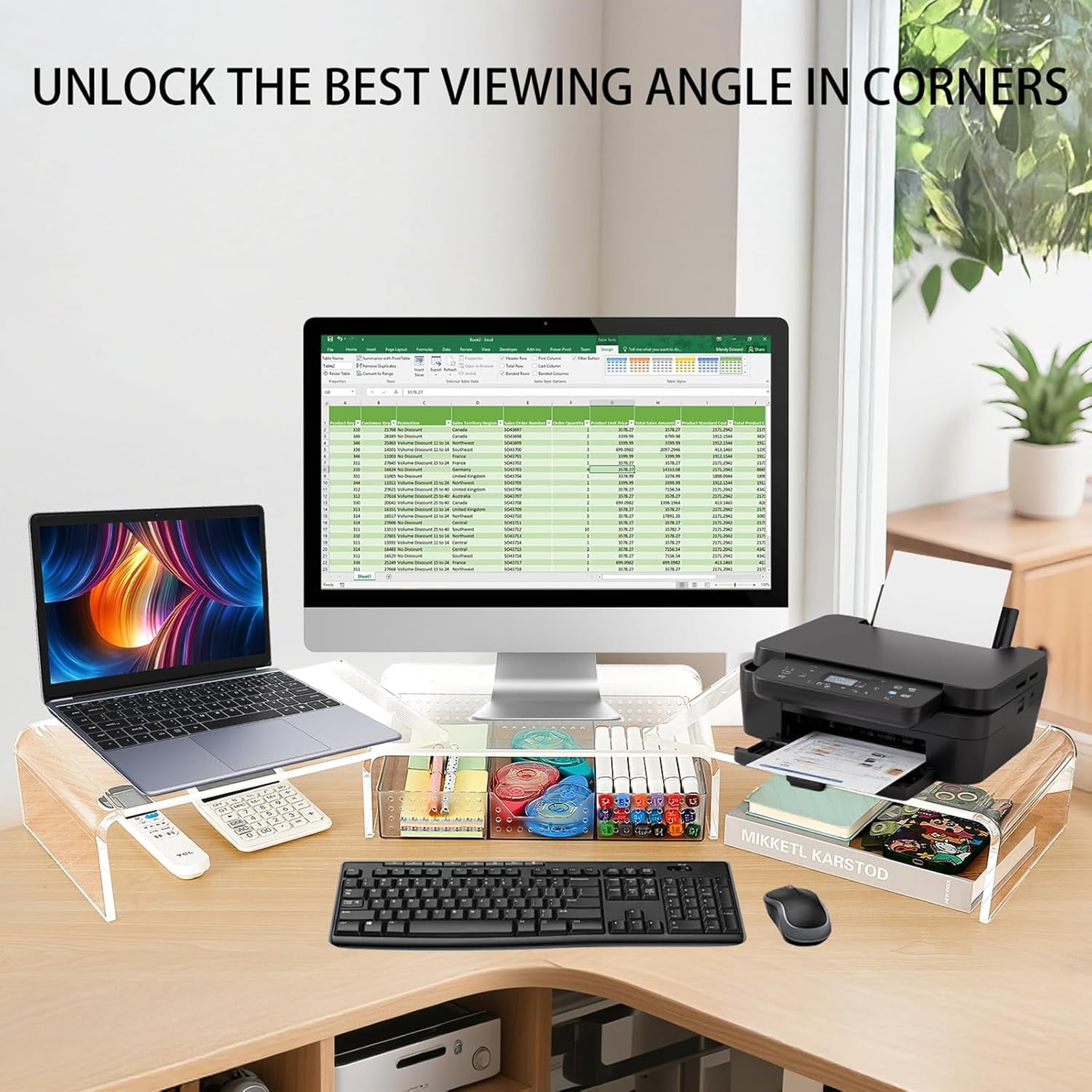 Clear Acrylic Dual Monitor Stand Riser with Drawer - Ergonomic Computer Desk Shelf Organizer for Office Workspace, Holds 2 Screens Up to 55lbs, Transparent Desktop Storage Rack
