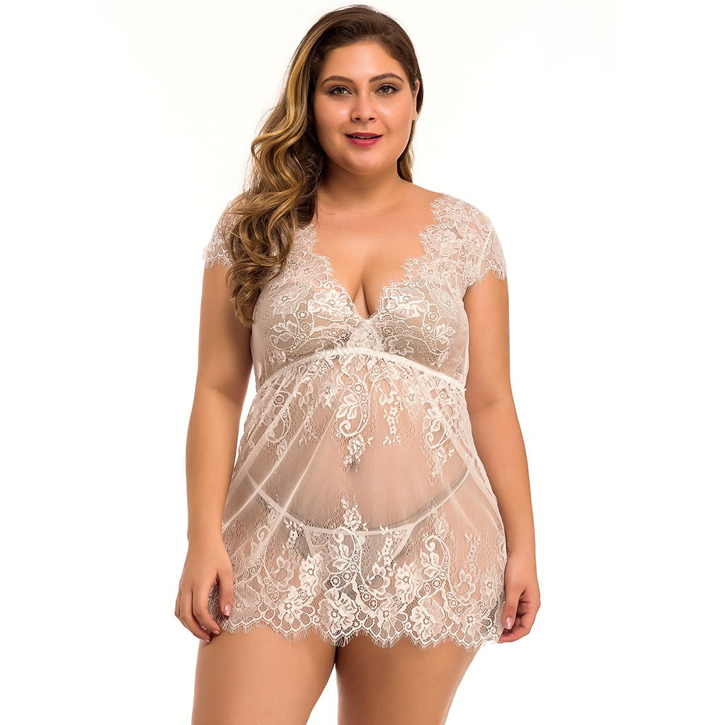 Womens Lace Chemise and G-String Set Plus Size Lingerie Babydoll Mesh Nightgown Sleepwear Chemise Nightwear