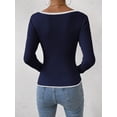 thumbnail image 2 of Women'S Sweetheart Neck Long Sleeve T Shirt Rib Knitted Contrast Binding Tee Tops Navy Blue L, 2 of 6