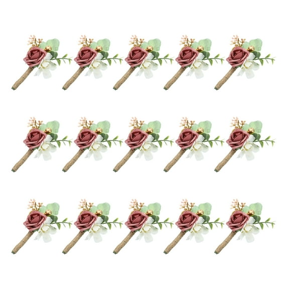 15Pcs Groom Boutonnieres Burgundy Boutonnieres with Pins for Men Rose Wedding Ceremony Anniversary Dinner, Dusty Rose