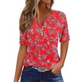 thumbnail image 2 of Rezuofi 1 Pcs Womens Tops Summer Short Sleeve Ruched Tunic Shirts Henley V Neck Button T Shirts Dressy Casual Floral Blouse Loose Cute Tees, 2 of 5