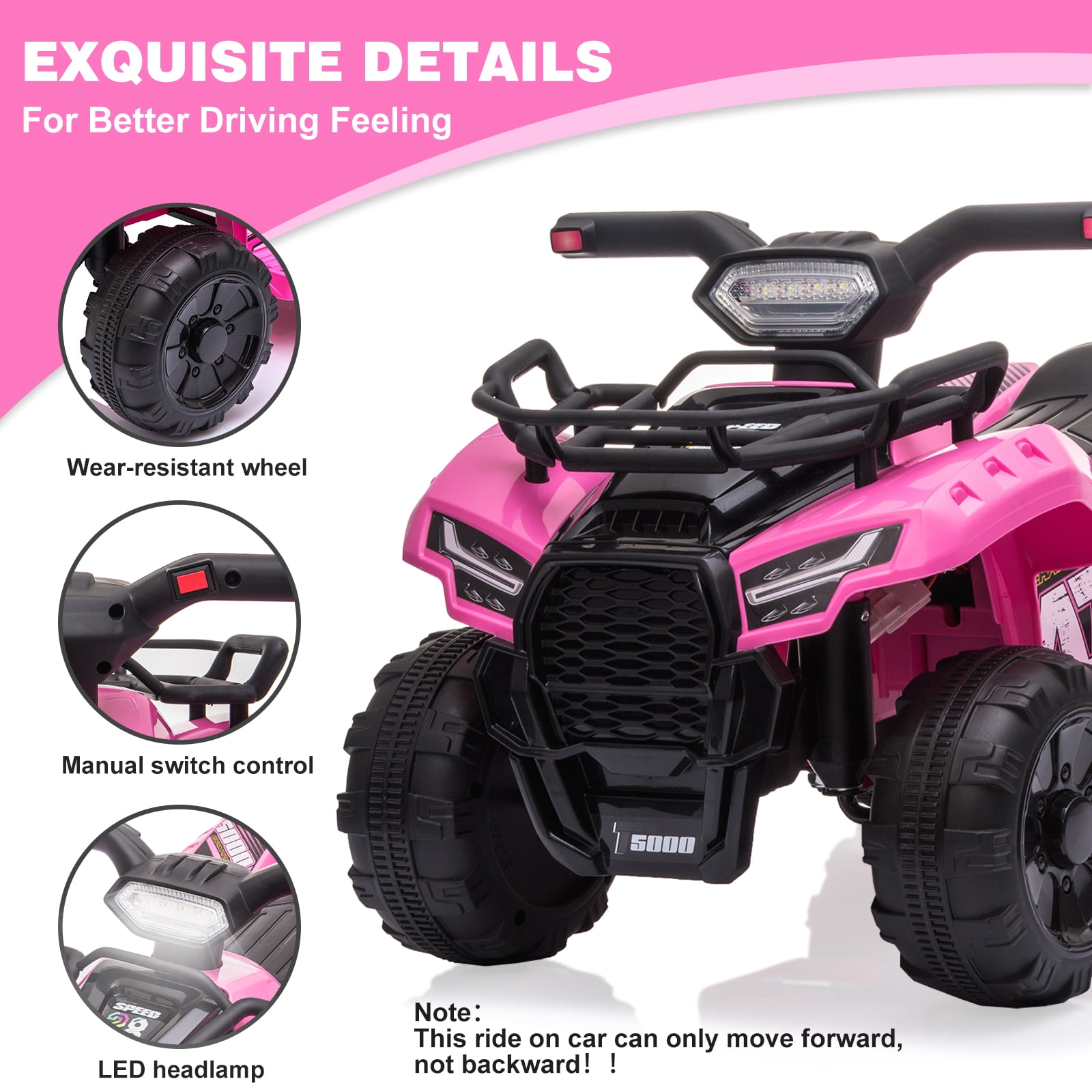 Kids Ride on ATV 6V Battery Powered, 4 Wheeler Electric Vehicle with Horn, MP3, Headlight, Best Gift for 18-36 Months Boys Girls, Adjustable Volume USB Toy Car（Pink）