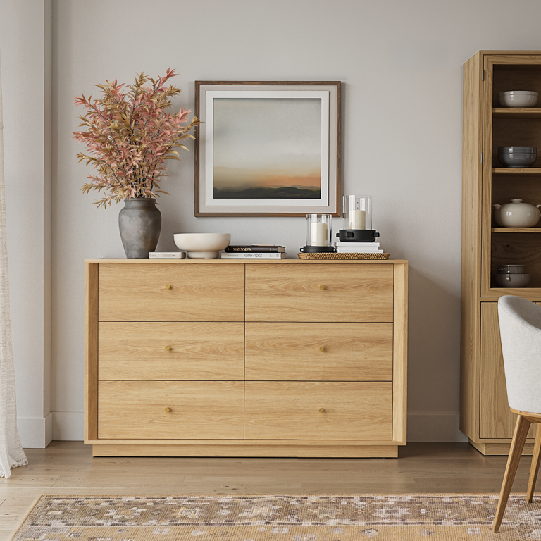 6 Drawer Dresser, Mid Century Modern Dresser with Storage, 47" Wide Chest  of Drawers with Wood Grain Texture for Bedroom, Living Room, Hallway, Gold  Oak - Walmart.com