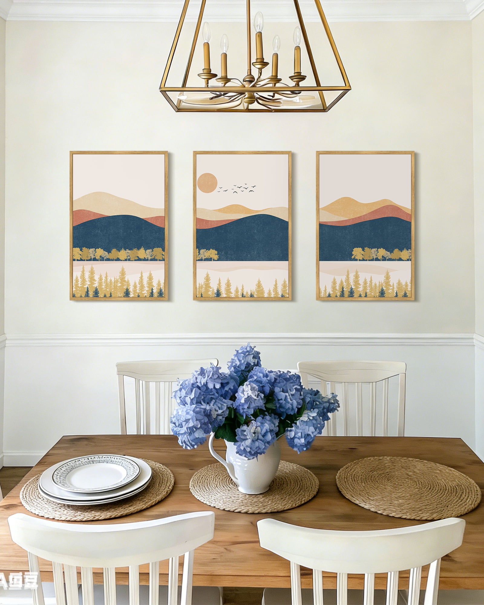 SHENIFY Large 24x36in3pcs Natural Framed Bohemain Mountain Landscape Wall Art Watercolor Nature Artwork Painting Boho Farmhouse Rustic Home Decor