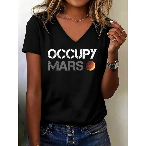 Occupy Mars Astronomy Space Explorer Rocket Science V Neck T-Shirt Cotton Women's V Neck Graphic Tee, Casual Short Sleeve Shirt,Vacation Outfit