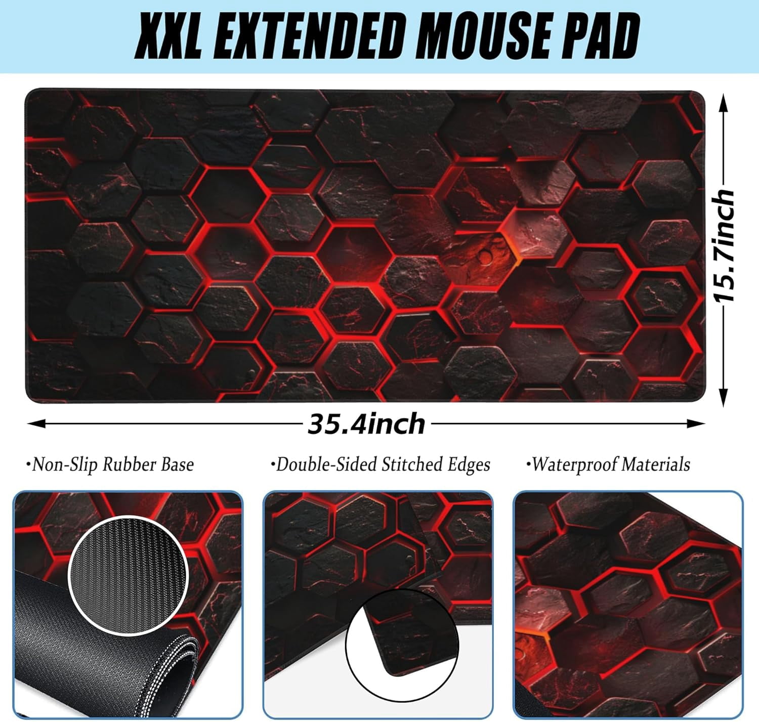 Large Gaming Mouse Pad for Desk,Red Honeycomb Science Technology Desk Mat,Honeycomb Hexagon Desk Pad,Extended Big Computer Keyboard Mouse Pad with Non-Slip Base Stitched Edges 35.4"x15.7"