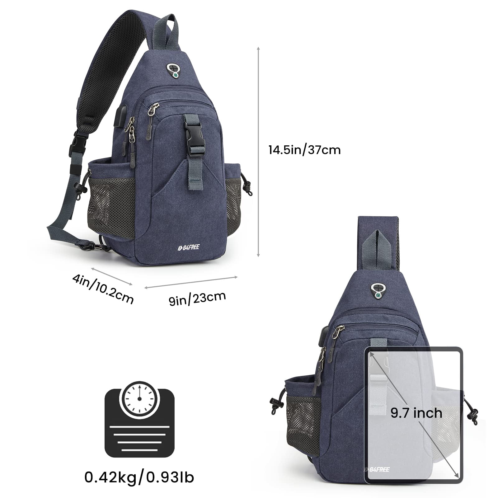 G4Free Canvas Sling Bag Crossbody Backpack with USB Charging Port & RFID Blocking, Hiking Daypack Chest Bag for Women Men