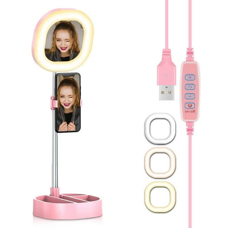 Image of LED Ring Light Foldable Fill Light with Mirror Mobile Phone Holder 3 Color Modes and 10 Brightness Ring Light for Video Live Streaming Make-up Photography USB Charging