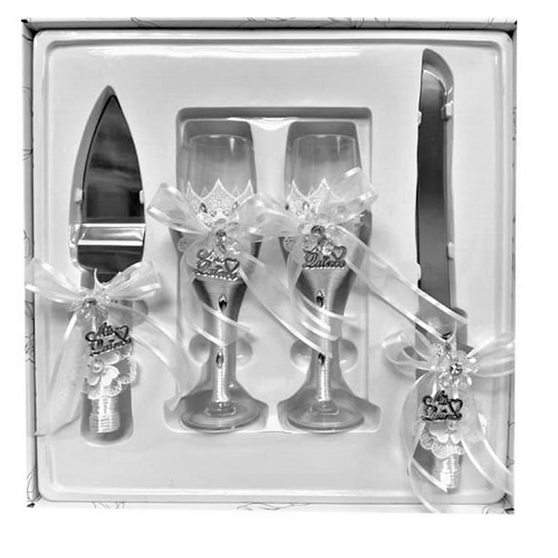 4 Piece Mis Quince Anos Cake Knife and Server Set with Champagne Toasting Glass Flutes White