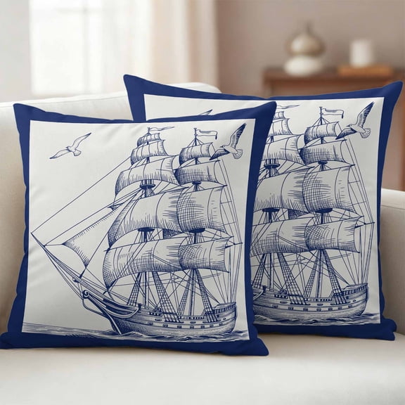 Pack of 2 Outdoor Pillow Covers,Waterproof Nautical Ship Throw Pillow Covers,Blue Coastal Ocean Birds Boat Vintage Decorative Pillowcases Cushion Covers for Couch Pillow Sham Protector 24x24 Inch