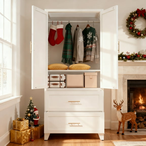 71" Tall Metal Wardrobe Cabinet - 2 Doors, 2 Drawers, Hanging Rod & Shelf Multi-Room Storage Closet,White