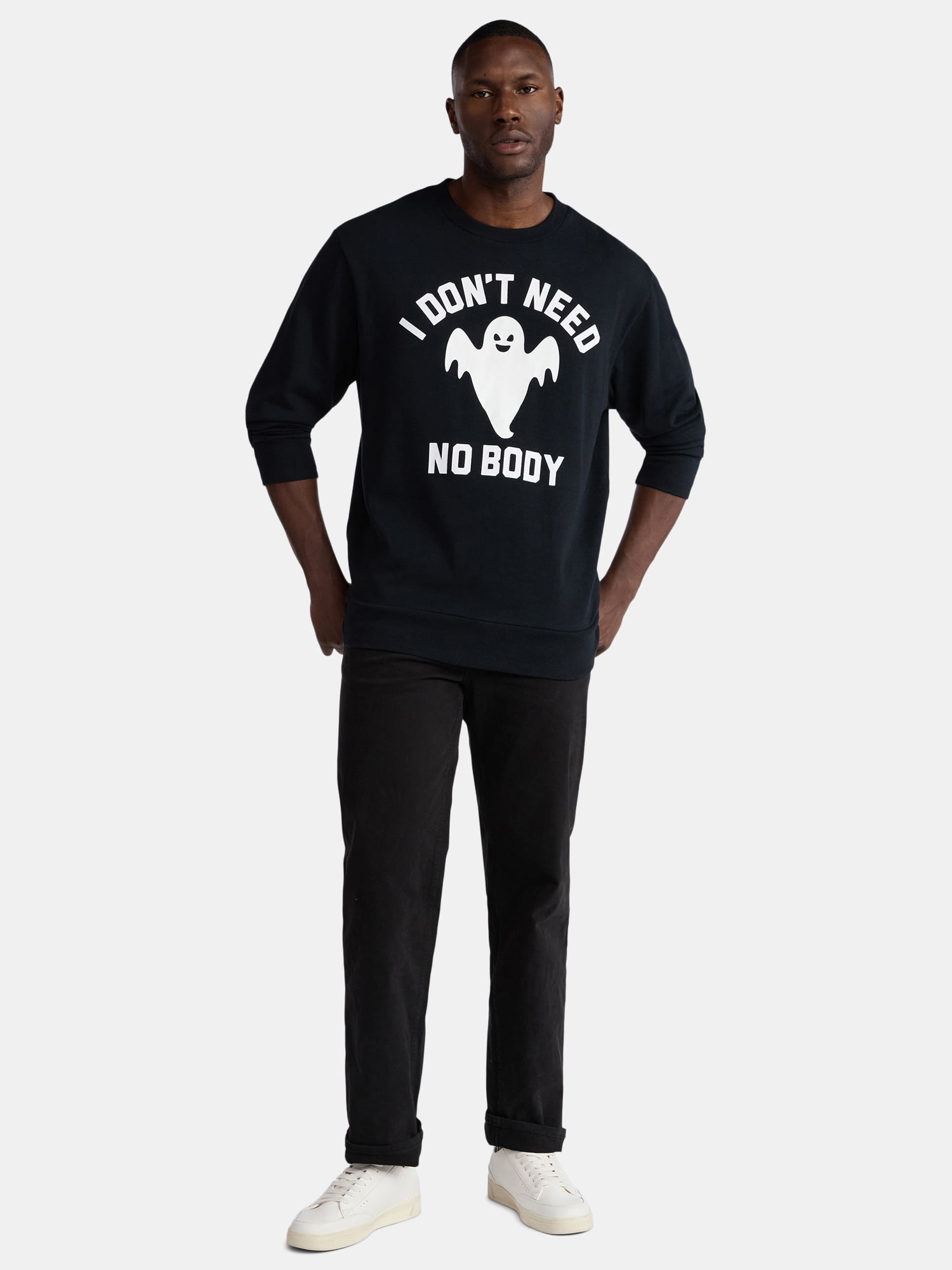 Halloween Crewneck Fleece Sweatshirt, Glow in the Dark Ghost I Don't Need No Body, Men's Sizes XS-3XL