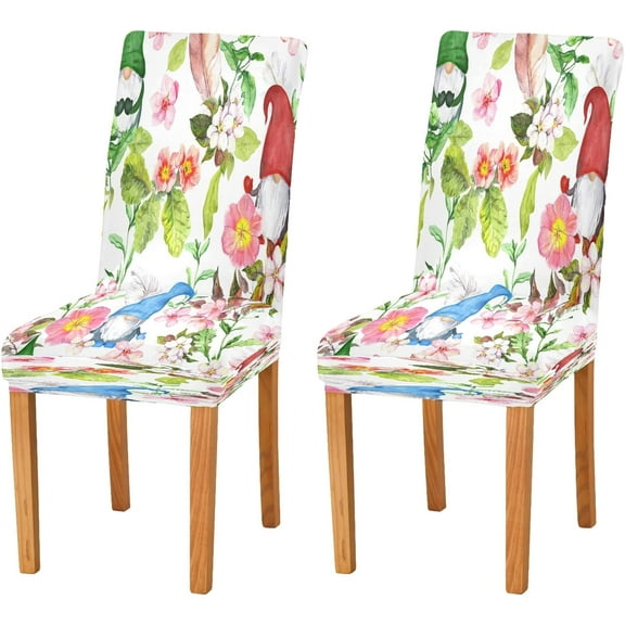 Spring Flowers Gnomes Dining Room Chair Covers Pink Cherry Blossom Sakura Floral Chair Slipcovers Seat Protector Removable Washable Chair Cover For Home Kitchen Restaurant Hotel 4pcs