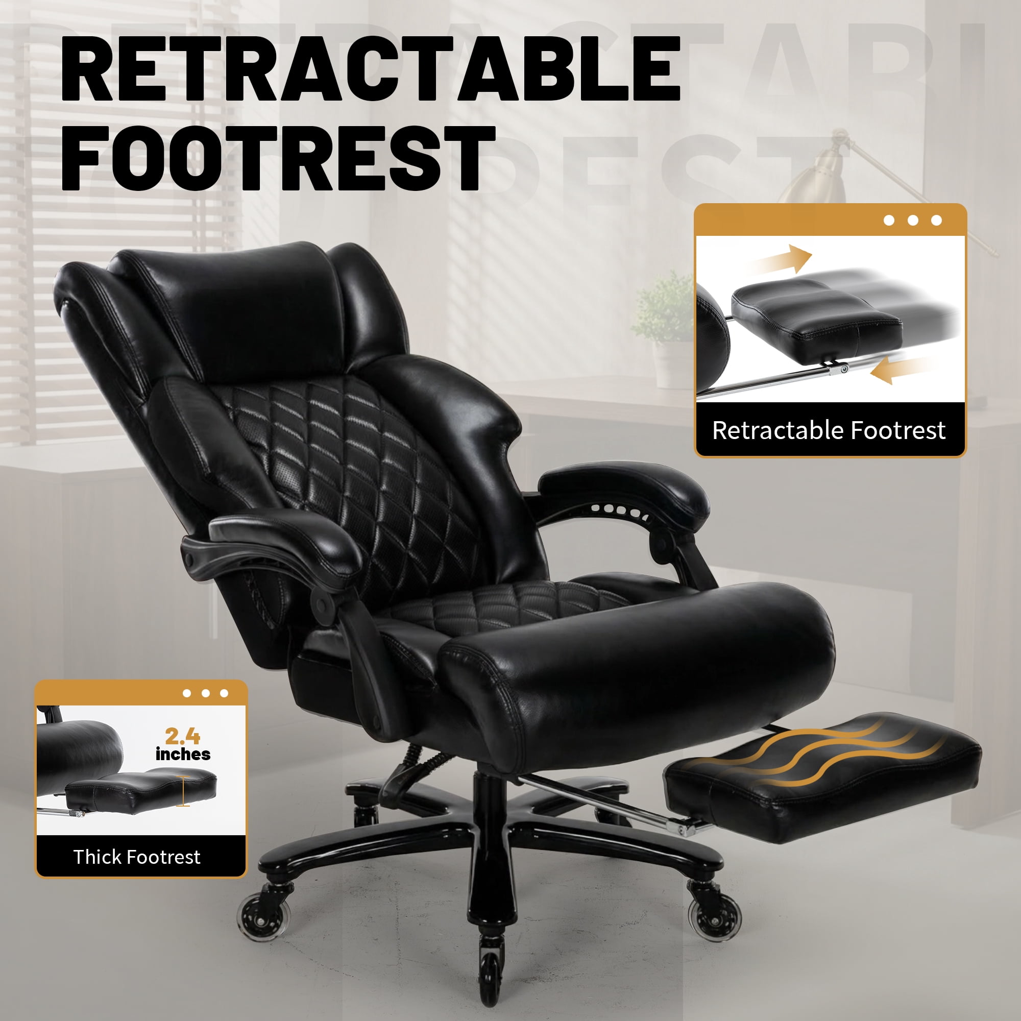 800 lbs Big and Tall Office Chair with Foot Rest, Heavy Duty Executive Reclining Chair, Extra Wide Seat and Mobile Lumbar, High Back Large Computer Desk Chair for Home Office