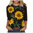 thumbnail image 1 of Pompotops Mode Femme Col Rond Décontracté Trois Quarts Imprimé Tournesol T-shirt Blouse, 1 of 5
