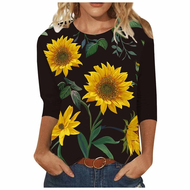 Pompotops Mode Femme Col Rond Décontracté Trois Quarts Imprimé Tournesol T-shirt Blouse