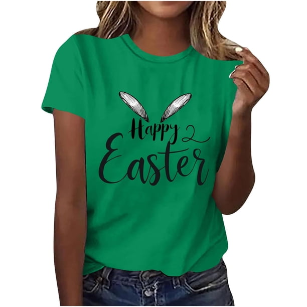 Mujeres de Manga Corta Tops Casual Nuevo Cuello Redondo Pascua, Ligera Camiseta de Poliéster Spandex