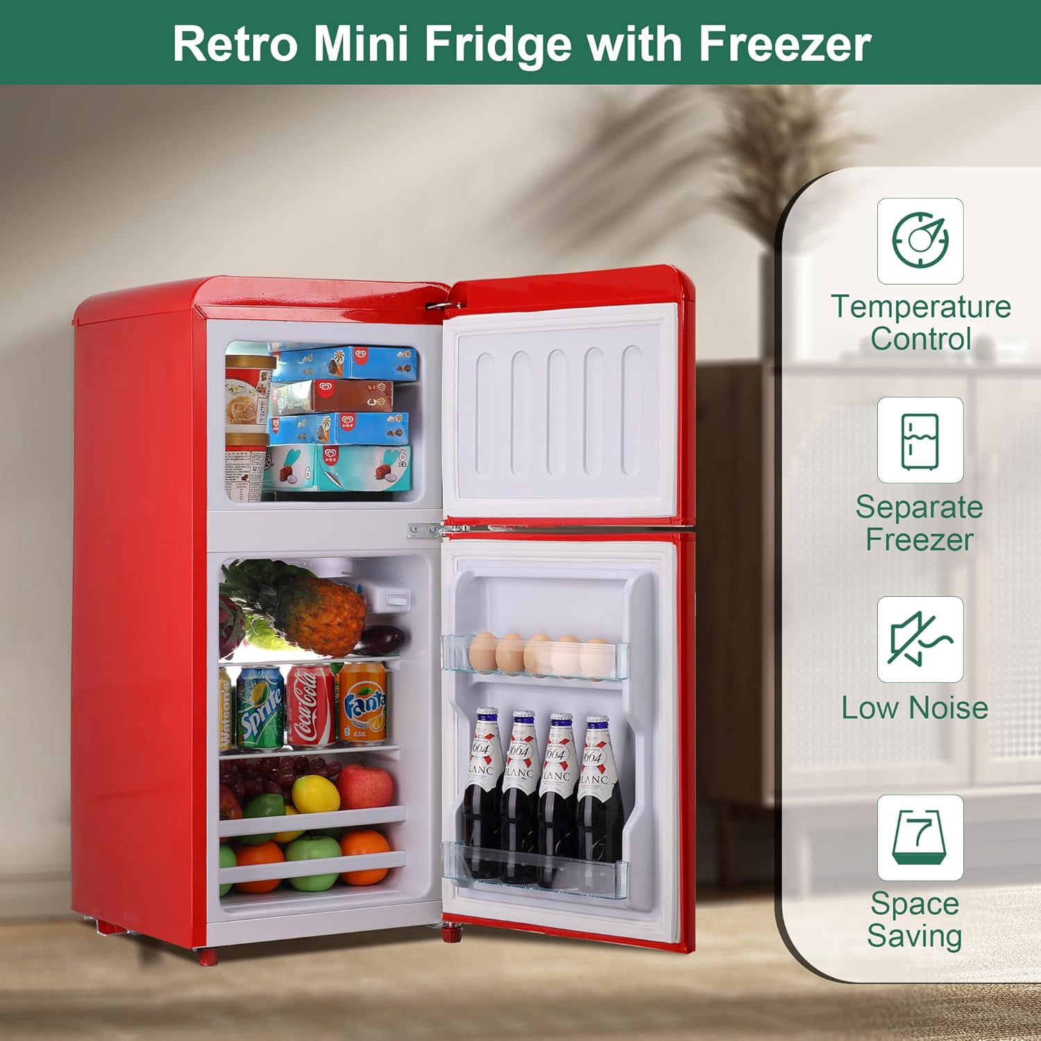 Kcpolre Retro Mini Fridge, 3.0 Cu. ft. Small Refrigerator with Freezer Retro Style with 7-Level Adjustable Thermostat, Compact Vintage 2-Door Fridge for Home, Apartments, Dorm, Office, Red