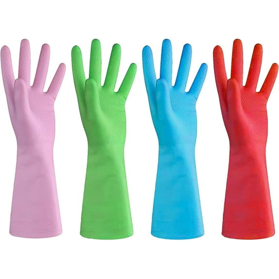 Dishwashing Rubber Gloves for Cleaning – 4 Pairs Household Gloves Including Blue, Pink, Green and Red, Non Latex and Fit Your Hands Well, Great Kitchen Tools