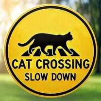 HELLOYOUNG "Cat Crossing Slow Down" Retro Metal Sign - 8" Round Yellow Iron Decor for Home Bar Cafe