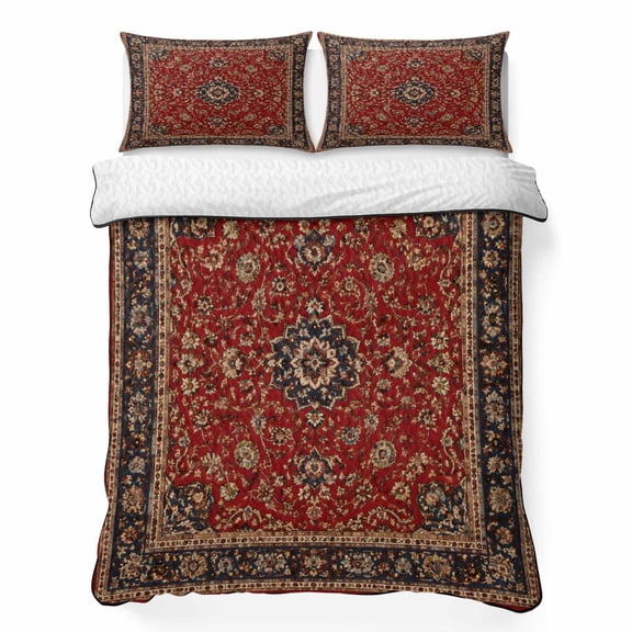 Medallion Flourish 3 Piece Quilt Bedding Set with 2 Pillow Shams, Vintage Traditional Red Brown Floral Scrollwork Lightweight Bedspread Coverlet, Soft Breathable All Season Quilt, 68 x 86 Inch