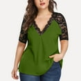 thumbnail image 3 of Scyoekwg Short Sleeve Shirt for Women Summer Lace V-Neck Splicing Tunic Tops Solid Color Patchwork Trendy Comfy Casual Loose Shirts Army Green XXL, 3 of 8