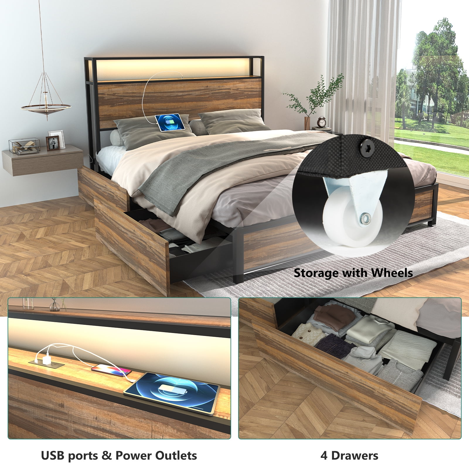 LED Bed Frame Queen Size with 2 USB Ports and Outlets, Platform Metal Bed Frame with 4 Storage Drawers and Headboard, No Box Spring Needed, Noise-Free(Vintage Brown-Queen)