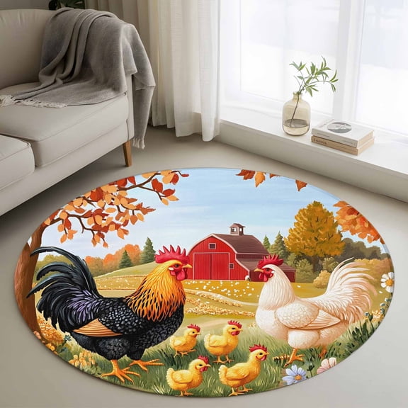 Orange Retro Rooster Round Rug 3ft Washable Circle Entryway Rugs Non Slip Pastoral Animals Spring Floral Area Rug Indoor Floor Carpet for Bedroom Kitchen Living Room Home Office Dining Room Nursery