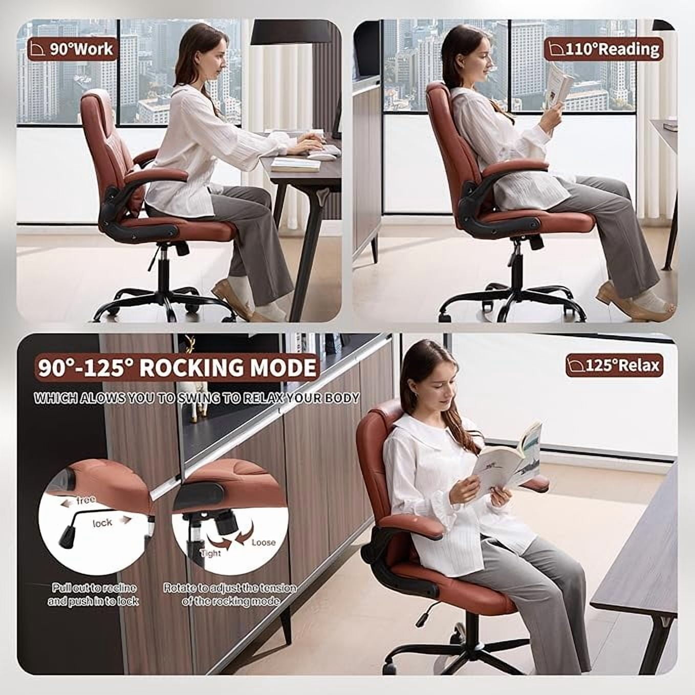 Nexthro Executive Office Chair PU,Leather Office Chair with Wheels,360° Swivel Rolling Chair with Padded Arms,Ergonomic Computer Chair with Lumbar Support for Short People Use(Brown)