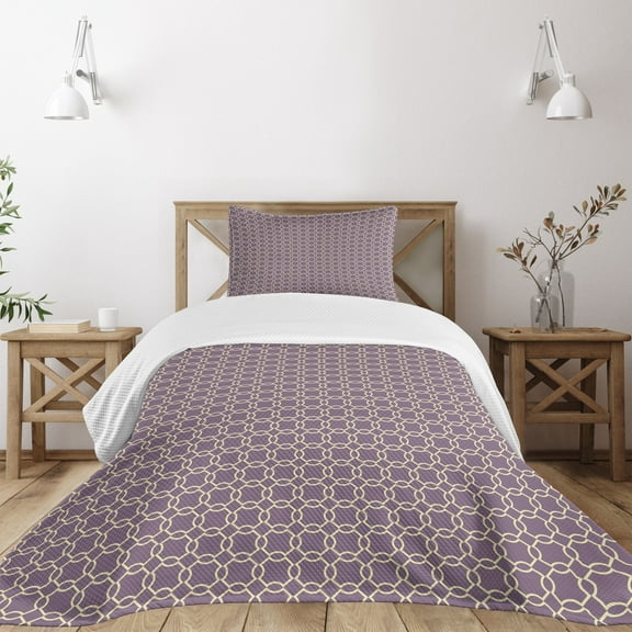 Ambesonne Geometric Quilted Bedspread Set 2 Pcs, Abstract Lines Vivid, Twin Size, Pale Yellow Mauve