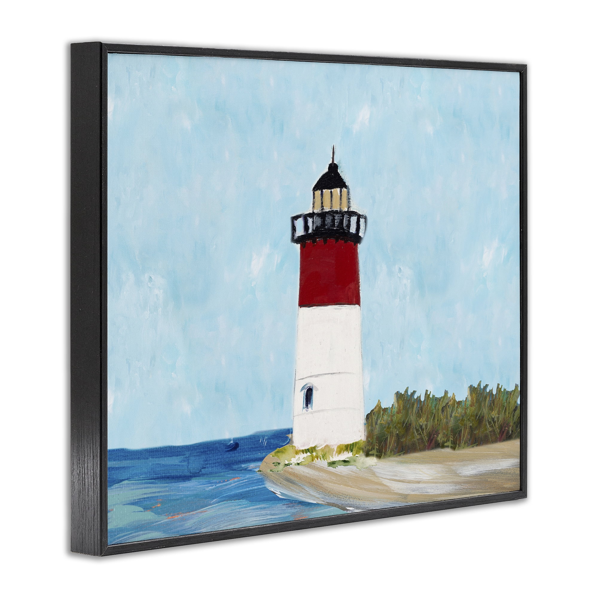 Stupell Industries Coastal Lighthouse on Blue Coastal Painting Black Framed Art Print Wall Art, 14 x 11