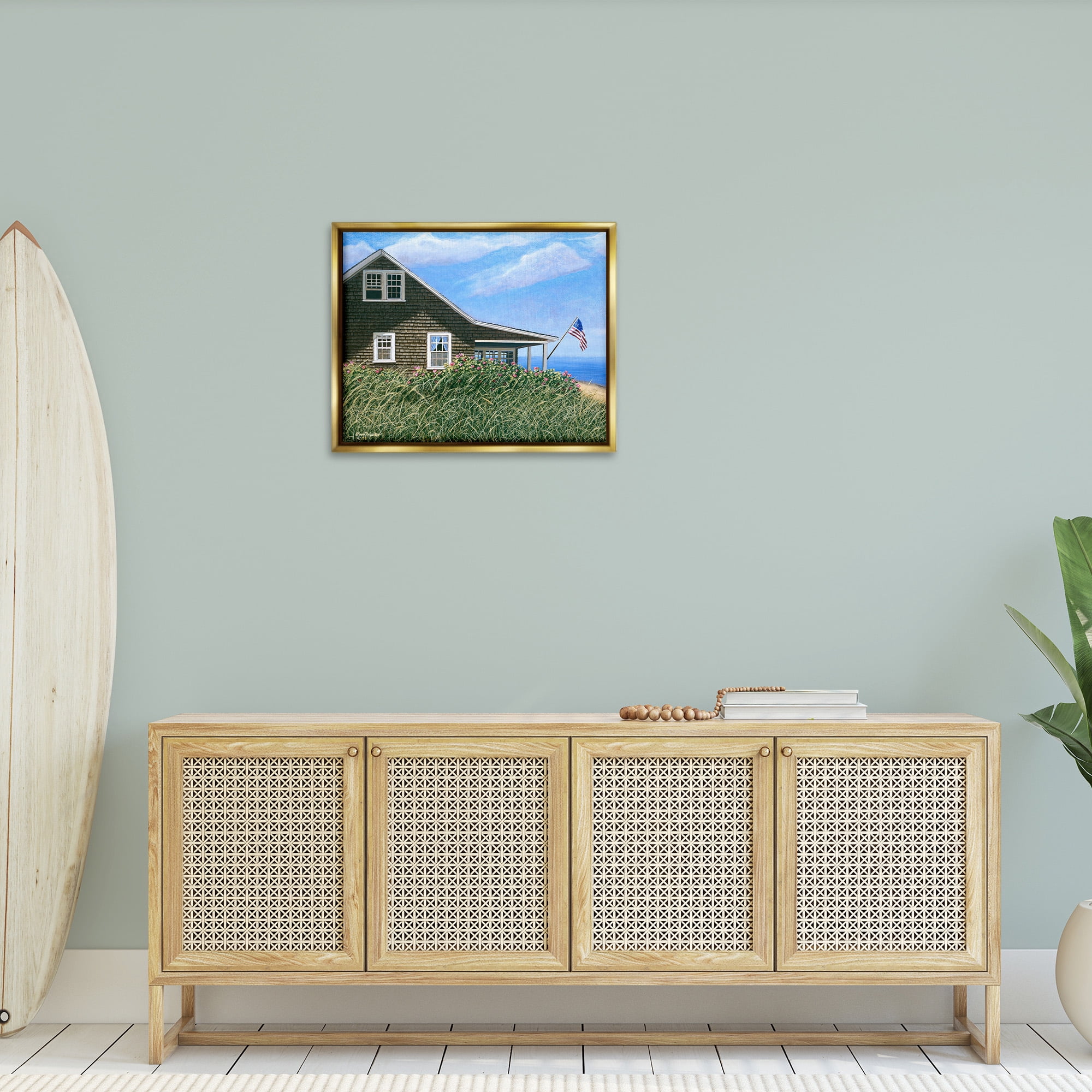 Stupell Industries Cape House with Flag Landscape Painting Gold Floater Framed Canvas Art Print Wall Art, 31 x 25