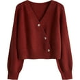 thumbnail image 2 of Women's Solid Color V-neck Breasted Short Loose Cardigan Sweater Jacket for Fall Winter Lightweight Outerwear,Red,One Size, 2 of 4