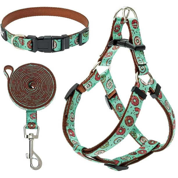 Iguohao No Pull Dog Harness And Leash With Collar Adjustable Dog Harness For Small Dogs Boys And Girls With Cute Donut Pattern Durable Basic Puppy