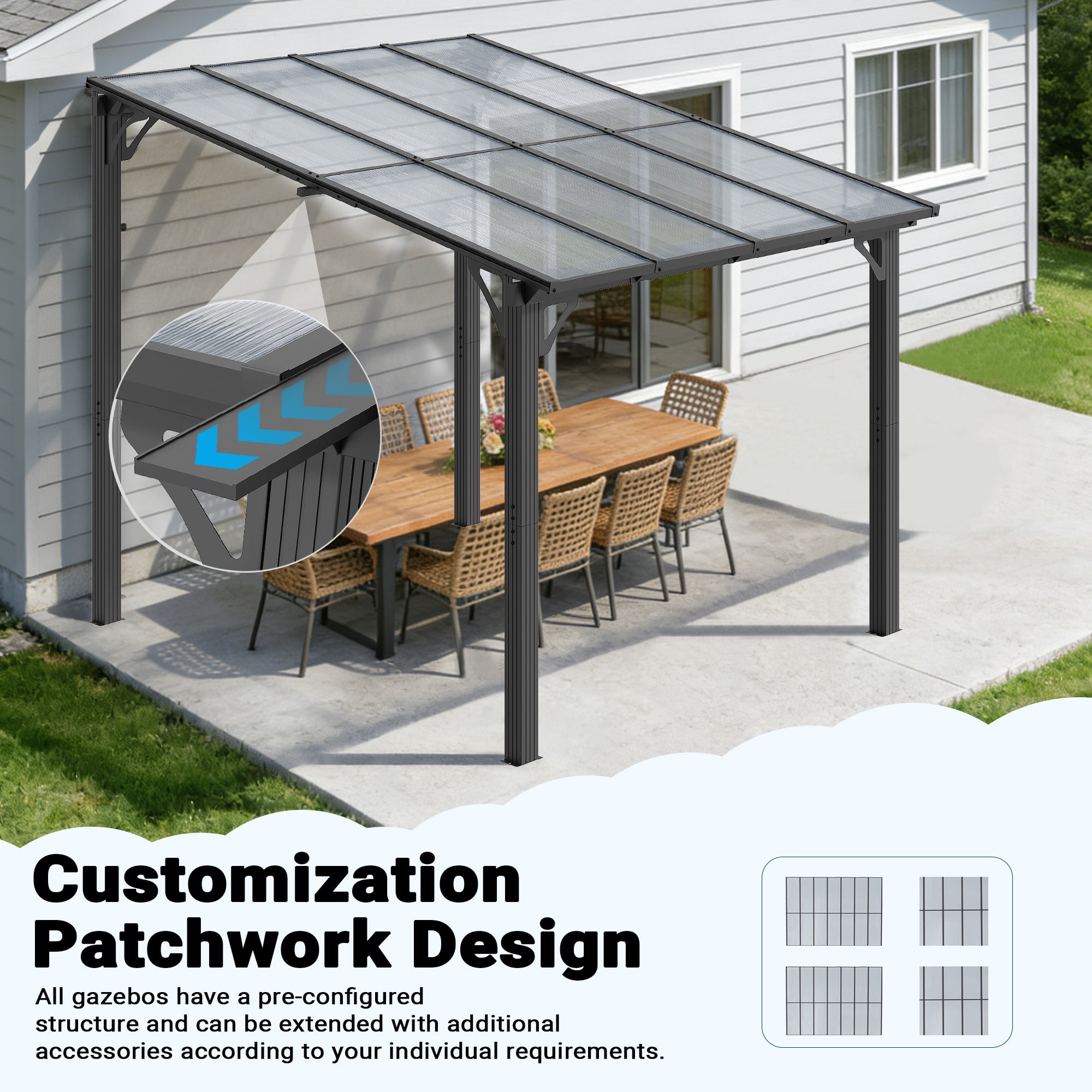 NETAJE 10'x8' Wall Mounted Pergola, Permanent Hardtop Aluminum Gazebo with Polycarbonate Roof for Patio Backyard Deck