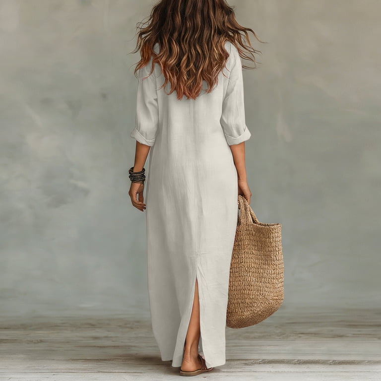 boxy fit dress Women's Dresses Collared 3/4 Sleeve Boxy Fit Shirt Maxi Dress for Beach  Vacation 03-Green S