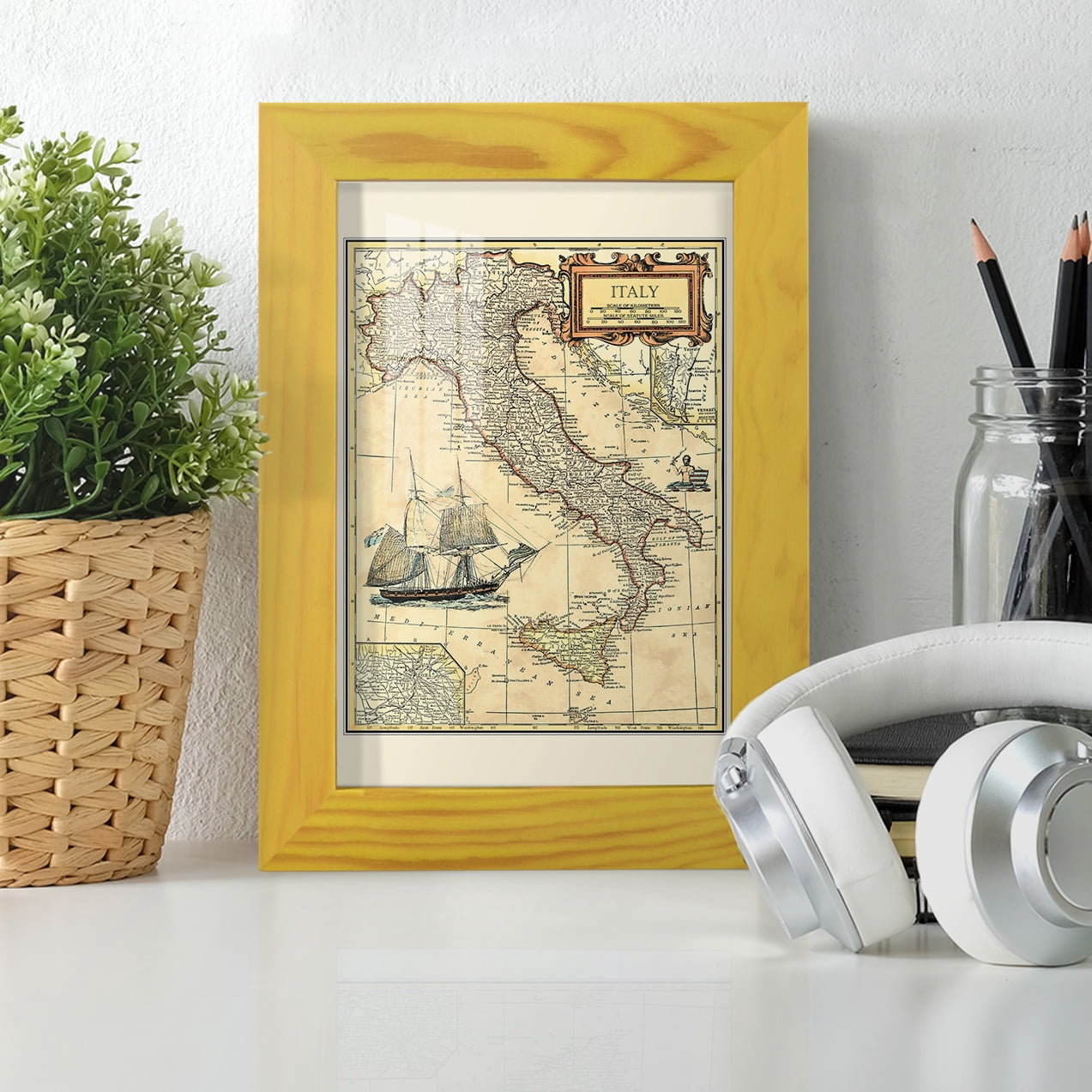 Italy Map -Framed Print w/glass-Sunflower Yellow