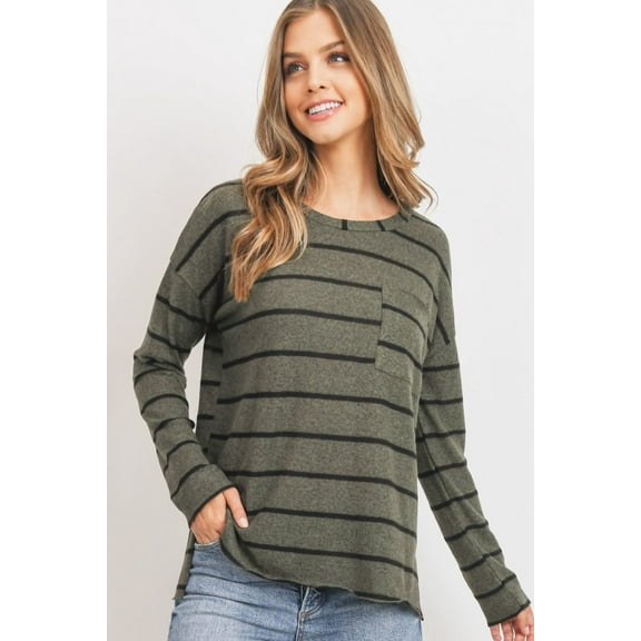 Striped Front Pocket Round Collar