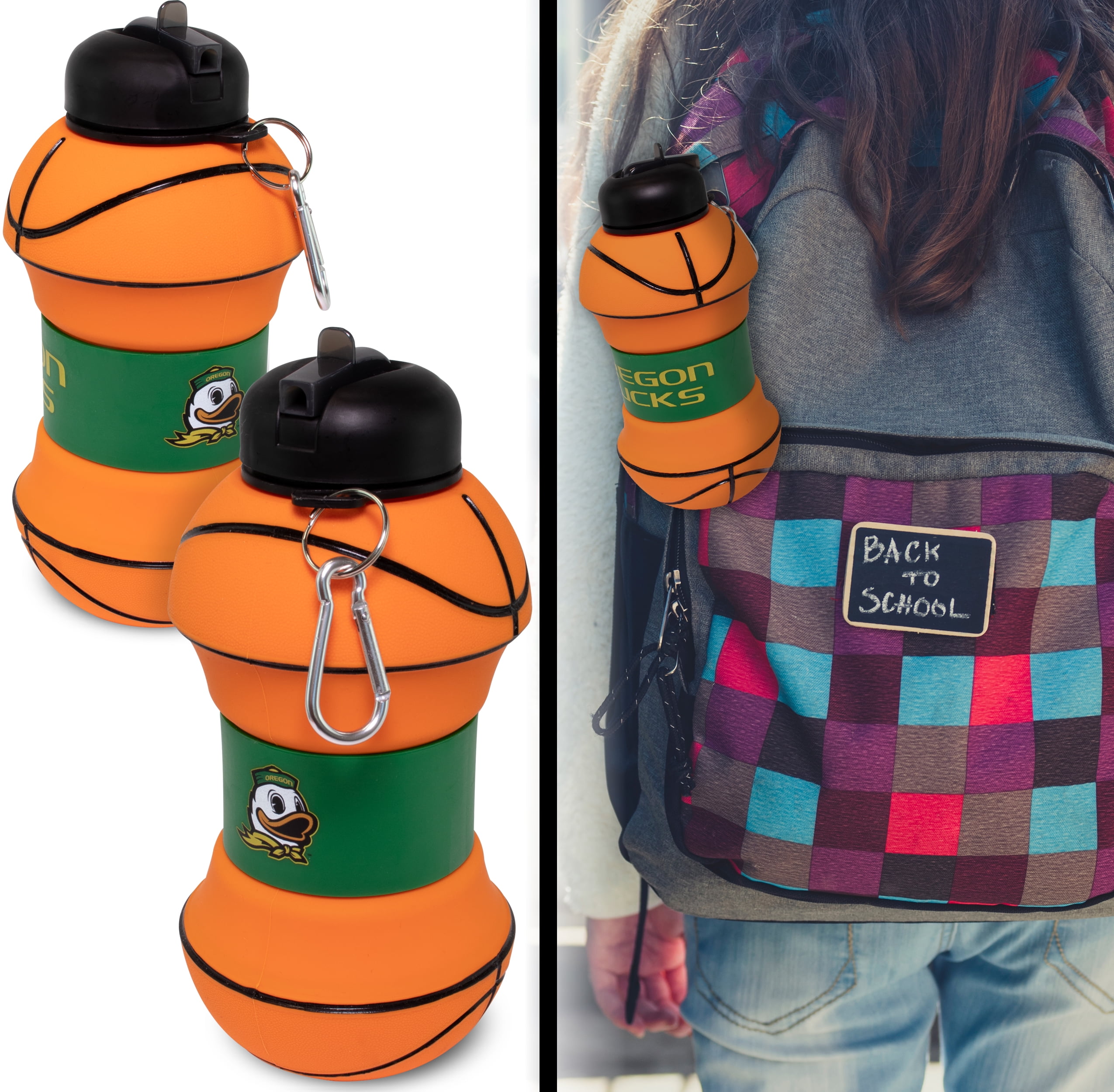 MACCABI ART Oregon Ducks Clip-On Collapsible 1 Liter, 34 oz. size BPA-Free Silicone Basketball Large Water Bottle for Kids