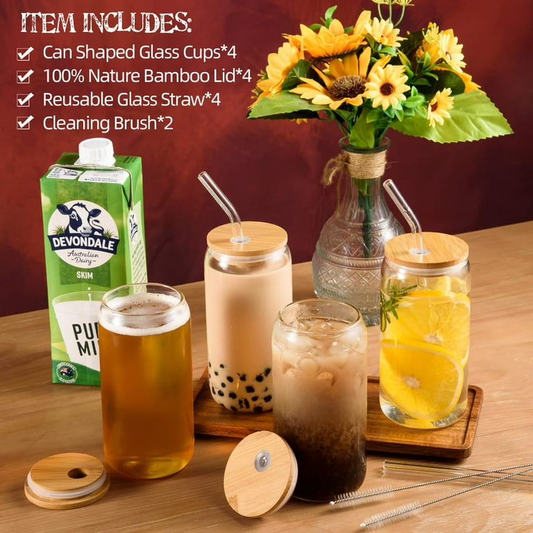 Drinking Glasses with Bamboo Lids and Glass Straw 4pcs Set - 16oz