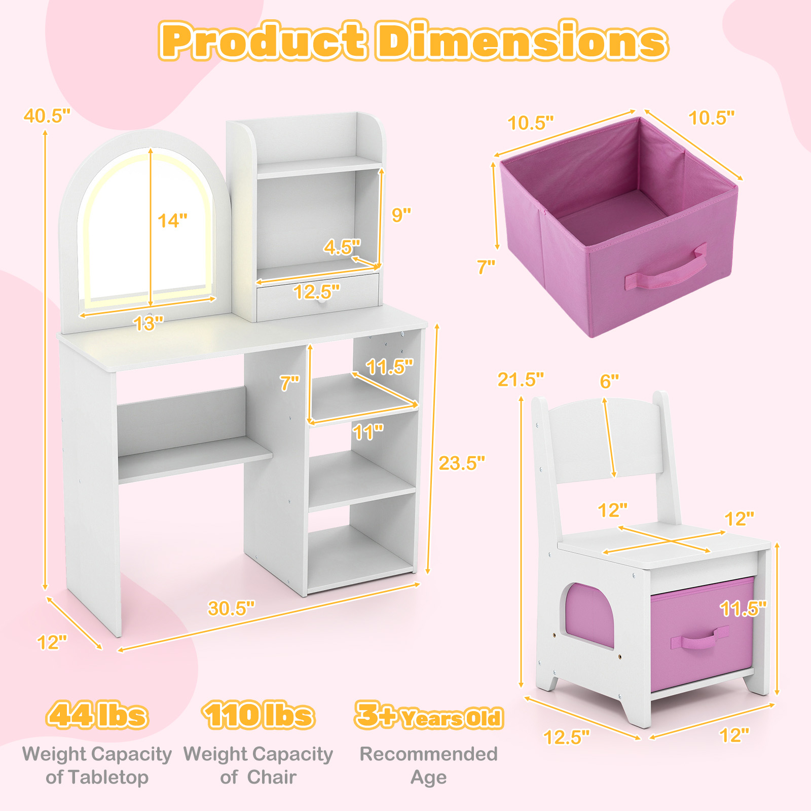 Gymax Kids Vanity Set Princess Girls Makeup Vanity Desk w/ 3-Color LED Lighted Mirror White