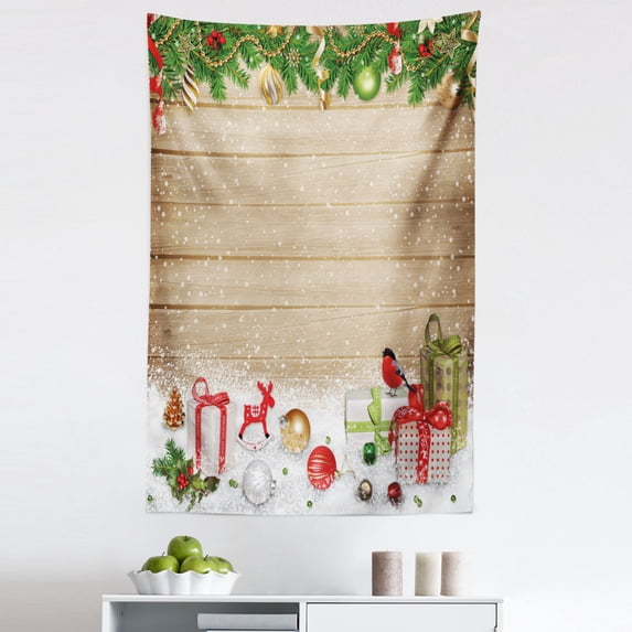 Christmas Tapestry, Pine Branches Ornaments on Wooden Planks Snow Presents Vintage Composition Print, Fabric Wall Hanging Decor for Bedroom Living Room Dorm, 5 Sizes, Multicolor, by Ambesonne