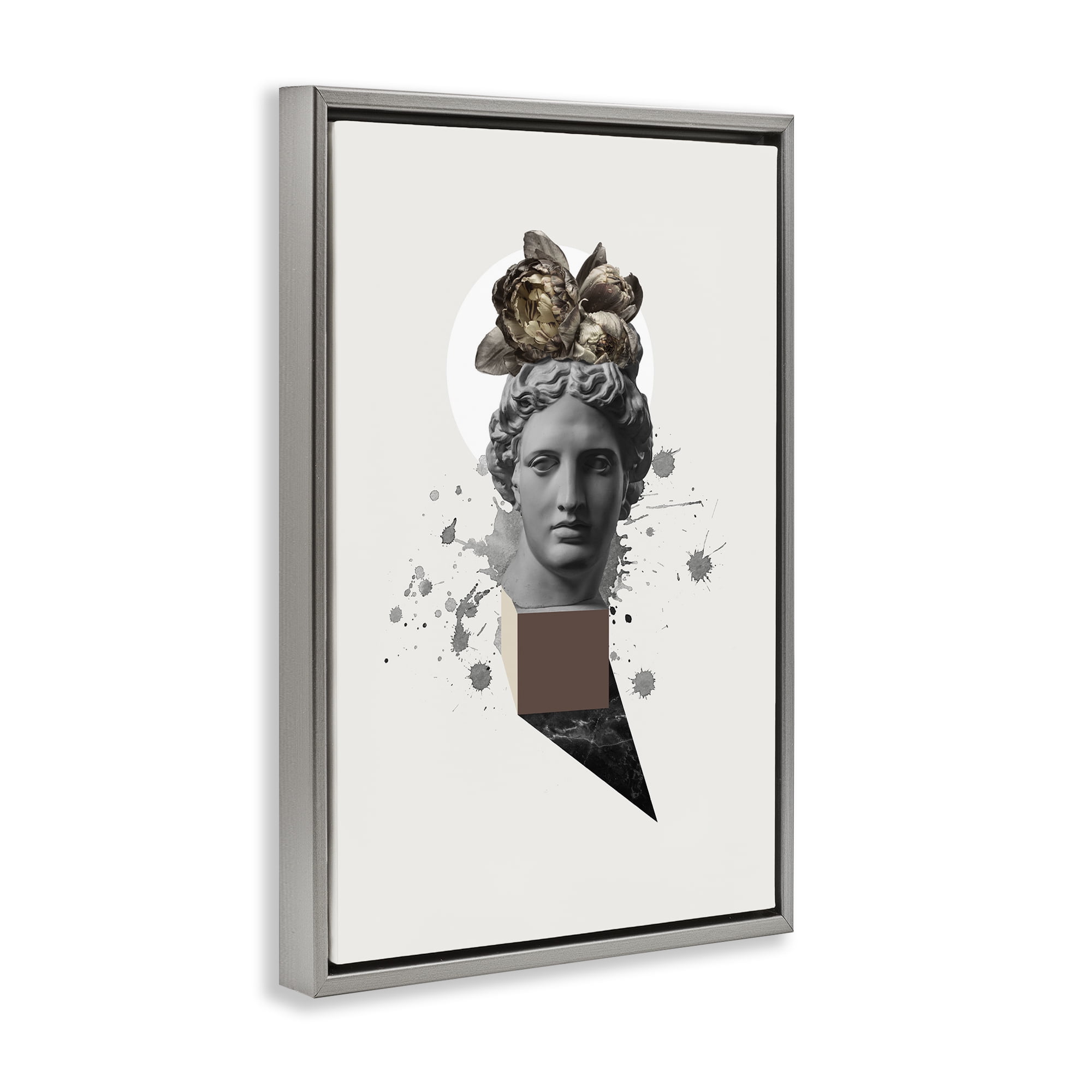Stupell Industries Modern Statue with Peonies Botanical & Floral Painting Gray Floater Framed Canvas Art Print Wall Art, 17 x 25