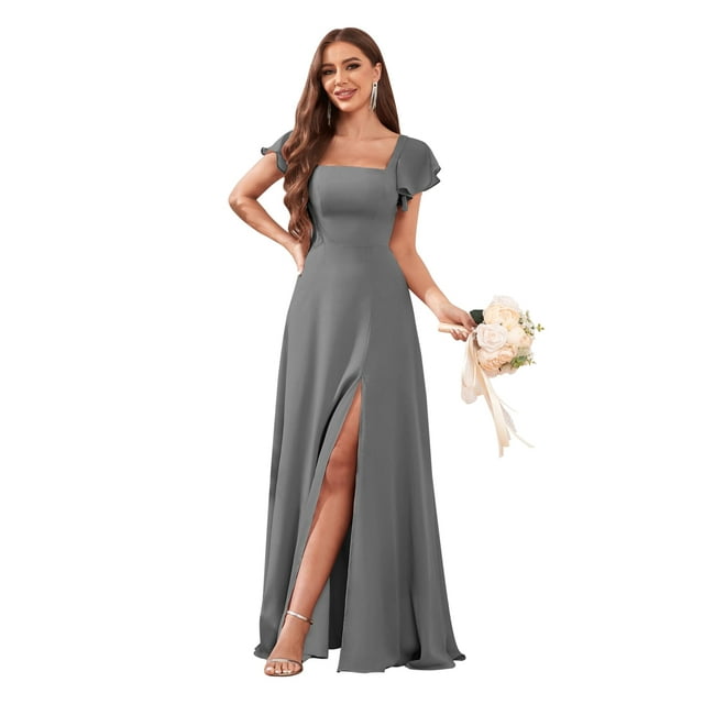 Vestido de dama de honor CDSSL con cuello cuadrado, gasa gris, línea A, 24 W