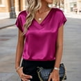 thumbnail image 3 of Women Silk Satin Cap Short Sleeve Blouse Tops V Neck Shirts Business Casual Tshirts Hot Pink 2XL, 3 of 6