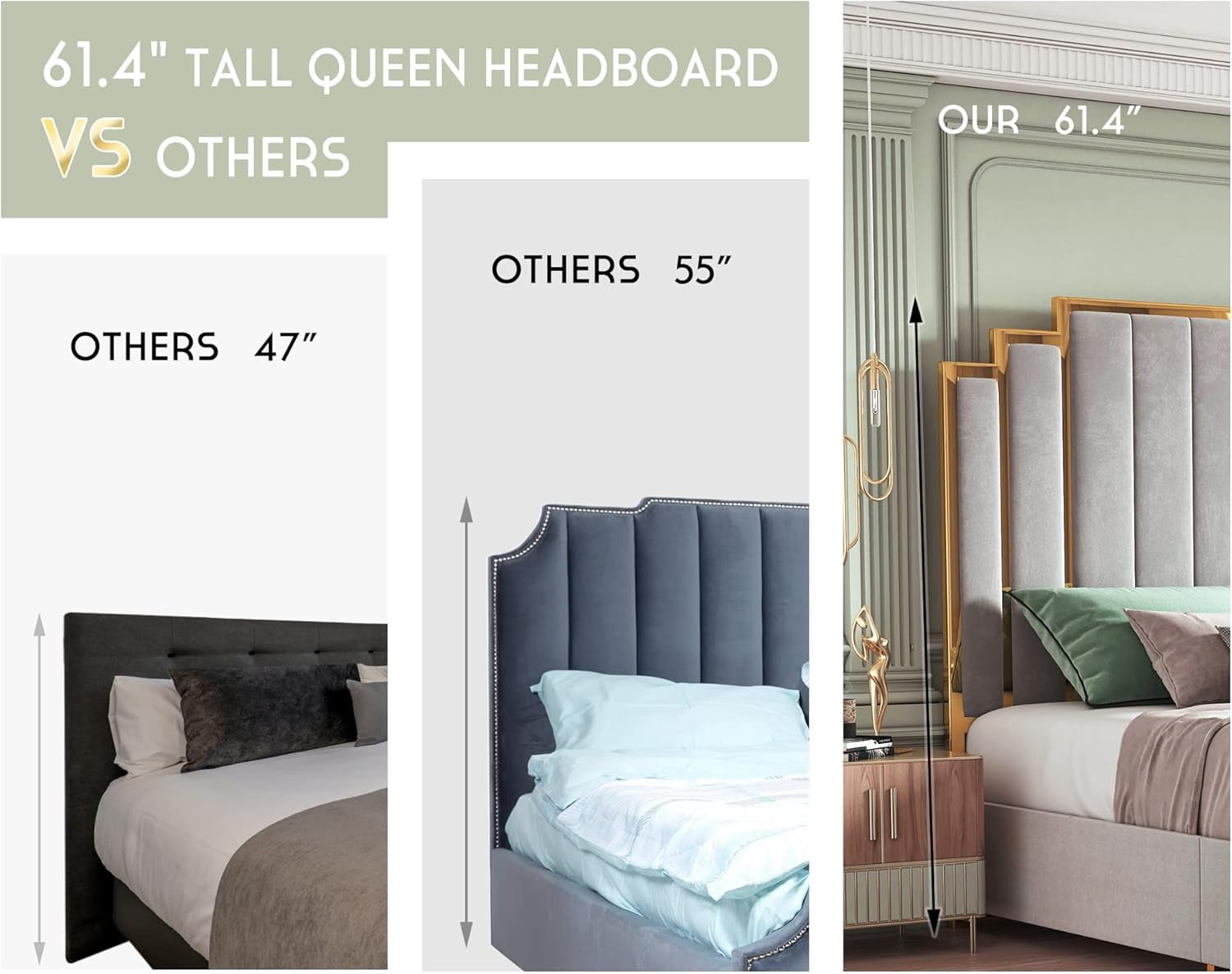 Merluxy Queen Size Bed Frame and 61" Headboard, Upholstered Bed with Golden Plating Trim, Modern Platform Bed No Box Spring Needed, Light Grey