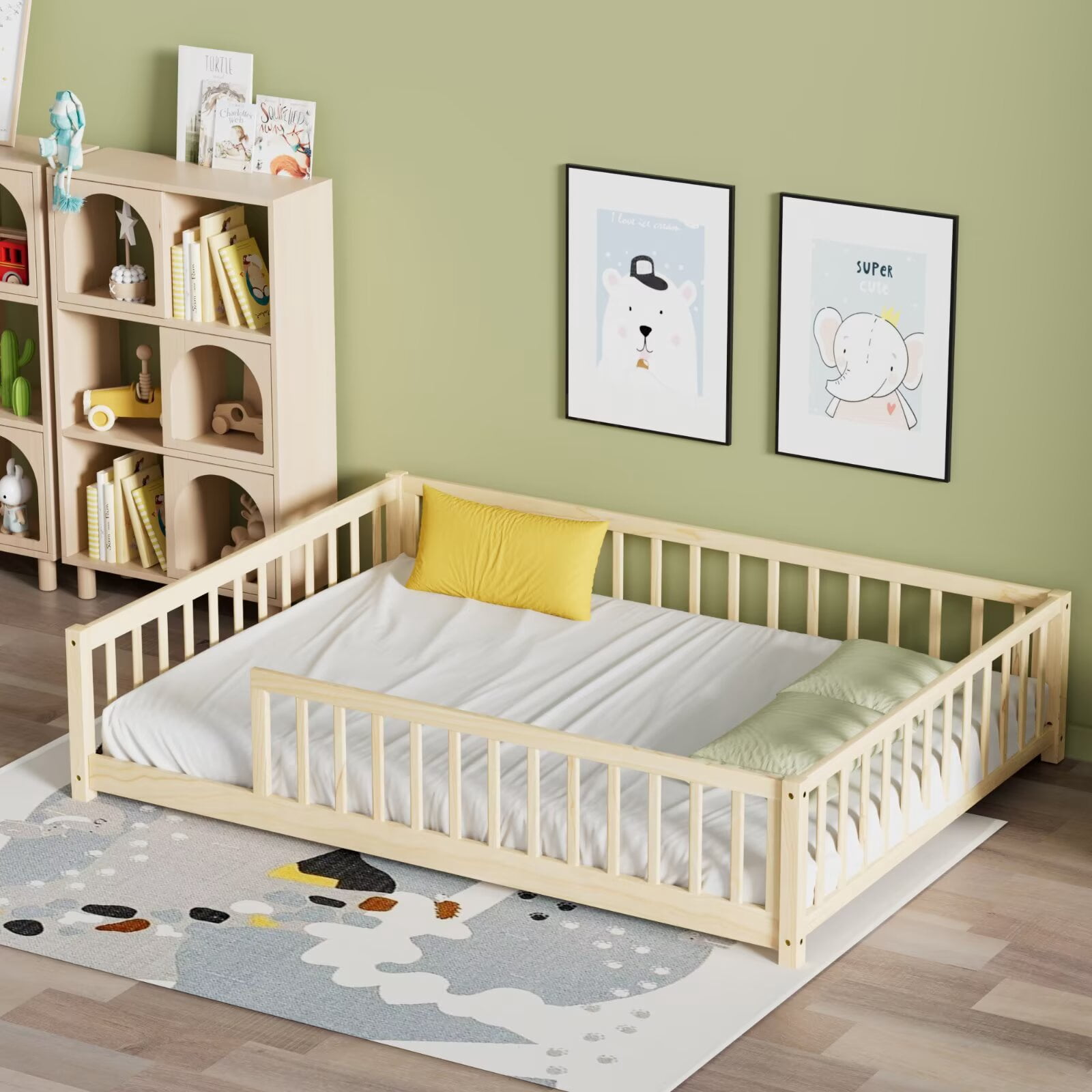 Full Floor Bed for Kids Toddlers, Multifunctional Montessori Bed Frame with Safety Guardrails and Wood Slats, Without Door, Easy Assemble, Natural