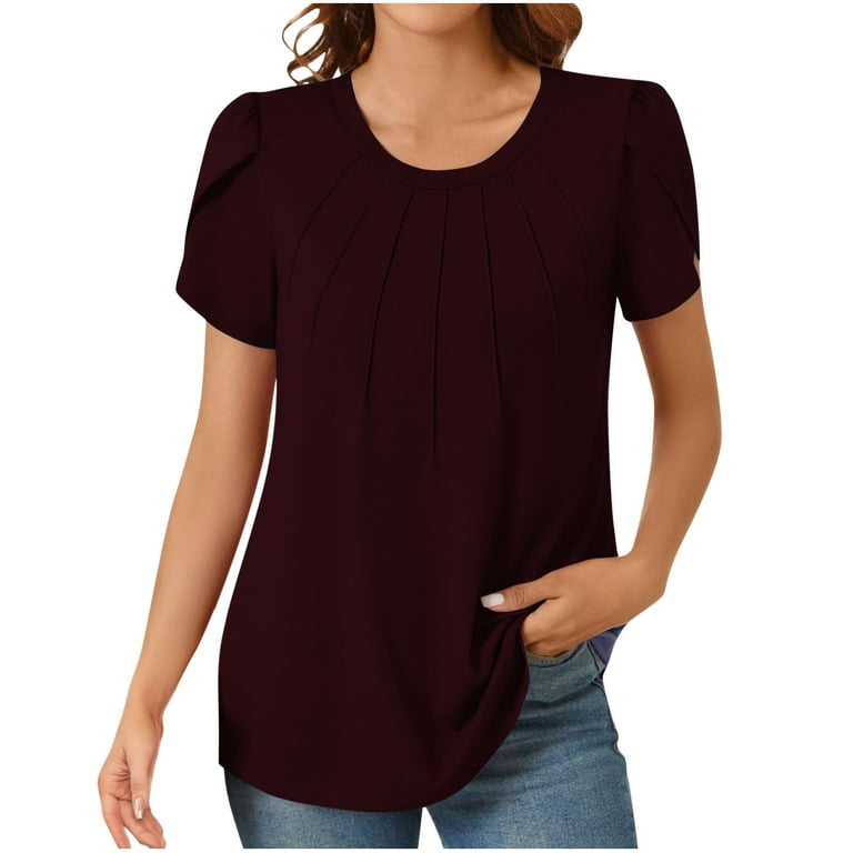 Red Juniors Tops Short Sleeve Womens Work Blouses Polyester Summer Blouses for Women 2024 Women s Summer Petal Sleeve Tops Casual Dressy Shirts Fashion Pleated Business Blouses Tunic Top Walmart